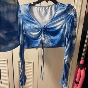 Blue Tie-Dye Ruched Long Sleeve Top